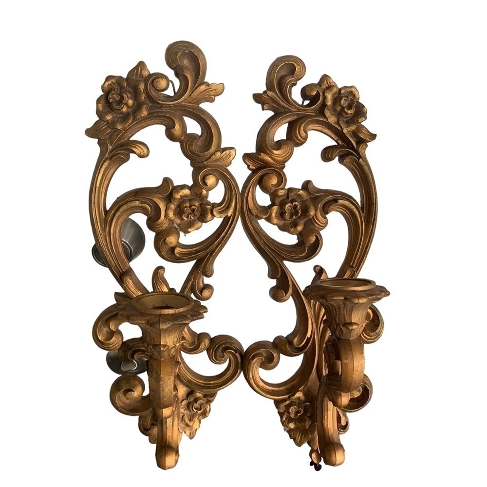 Vintage HOMCO Home Interiors Sconce Gold Candlestick Holder flowers 4118 Pair 2 - Picture 6 of 13